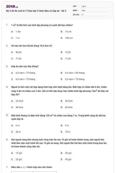 Bộ 5 đề thi cuối kì 2 Toán lớp 5 Cánh diều có đáp án - Đề 3