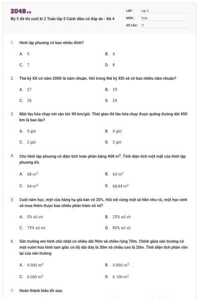 Bộ 5 đề thi cuối kì 2 Toán lớp 5 Cánh diều có đáp án - Đề 4