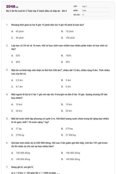 Bộ 5 đề thi cuối kì 2 Toán lớp 5 Cánh diều có đáp án - Đề 5