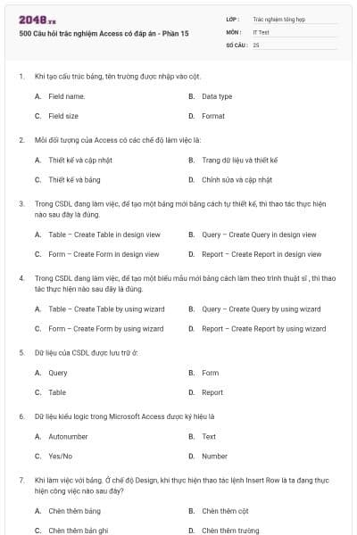 500 Câu hỏi trắc nghiệm Access có đáp án - Phần 15
