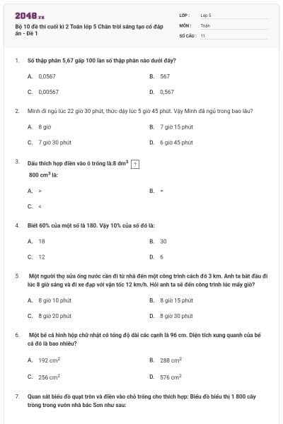 Bộ 10 đề thi cuối kì 2 Toán lớp 5 Chân trời sáng tạo có đáp án - Đề 1