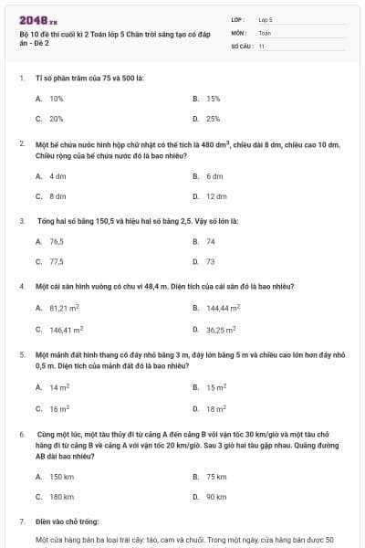 Bộ 10 đề thi cuối kì 2 Toán lớp 5 Chân trời sáng tạo có đáp án - Đề 2