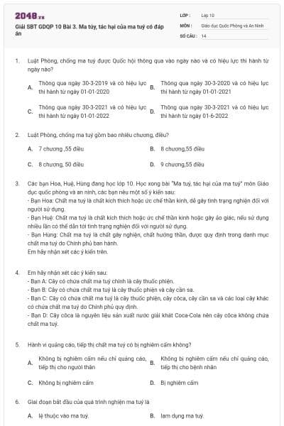 Giải SBT GDQP 10 Bài 3. Ma túy, tác hại của ma tuý có đáp án
