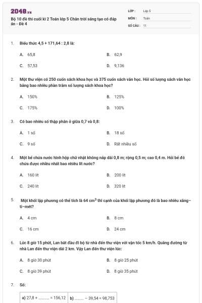 Bộ 10 đề thi cuối kì 2 Toán lớp 5 Chân trời sáng tạo có đáp án - Đề 4