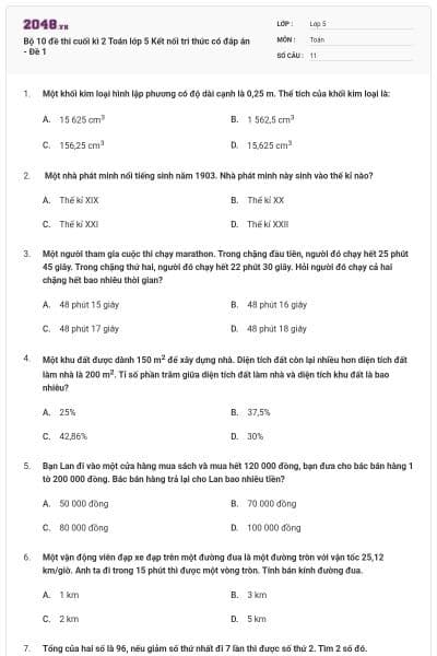 Bộ 10 đề thi cuối kì 2 Toán lớp 5 Kết nối tri thức có đáp án - Đề 1