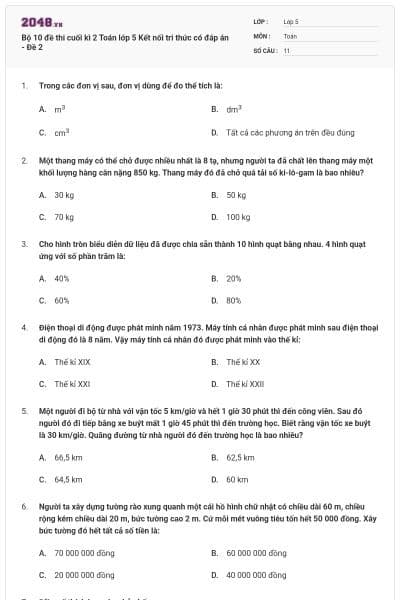 Bộ 10 đề thi cuối kì 2 Toán lớp 5 Kết nối tri thức có đáp án - Đề 2