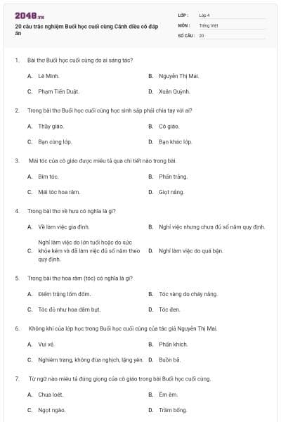 20 câu trắc nghiệm Buổi học cuối cùng Cánh diều có đáp án