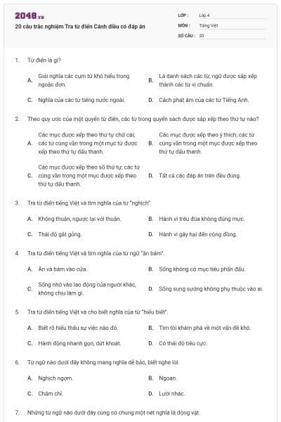 20 câu trắc nghiệm Tra từ điển Cánh diều có đáp án
