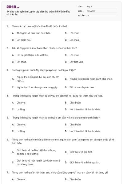 14 câu trắc nghiệm Luyện tập viết thư thăm hỏi Cánh diều có đáp án