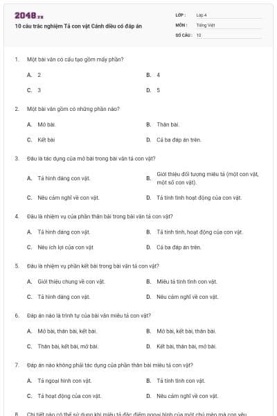 10 câu trắc nghiệm Tả con vật Cánh diều có đáp án