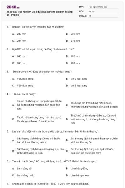 1530 câu trắc nghiệm Giáo dục quốc phòng an ninh có đáp án- Phần 5