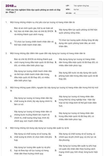 1530 câu trắc nghiệm Giáo dục quốc phòng an ninh có đáp án- Phần 7