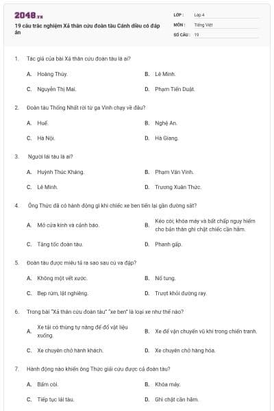 19 câu trắc nghiệm Xả thân cứu đoàn tàu Cánh diều có đáp án