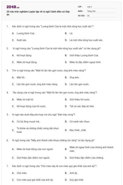 20 câu trắc nghiệm Luyện tập về vị ngữ Cánh diều có đáp án