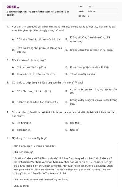 5 câu trắc nghiệm Trả bài viết thư thăm hỏi Cánh diều có đáp án