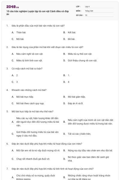 10 câu trắc nghiệm Luyện tập tả con vật Cánh diều có đáp án
