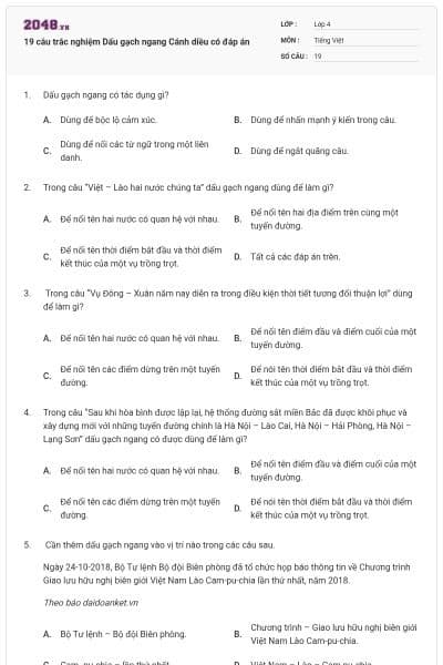 19 câu trắc nghiệm Dấu gạch ngang Cánh diều có đáp án
