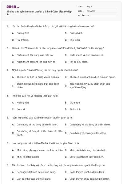 10 câu trắc nghiệm Đoàn thuyền đánh cá Cánh diều có đáp án