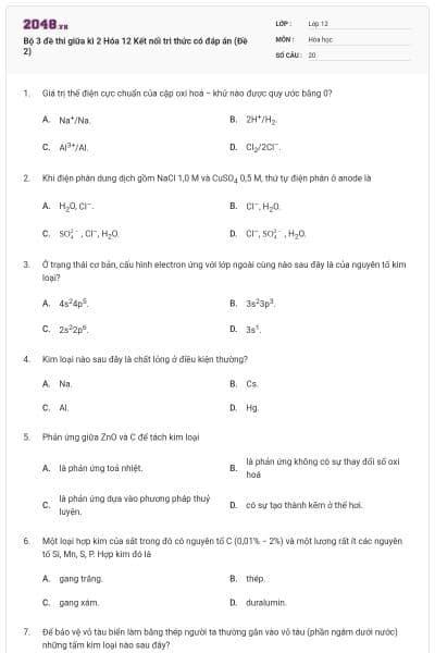 Bộ 3 đề thi giữa kì 2 Hóa 12 Kết nối tri thức có đáp án (Đề 2)