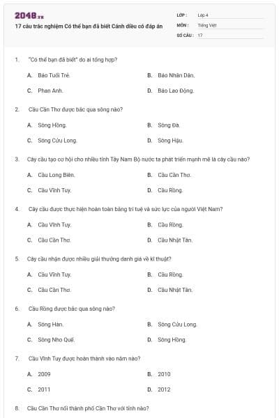 17 câu trắc nghiệm Có thể bạn đã biết Cánh diều có đáp án