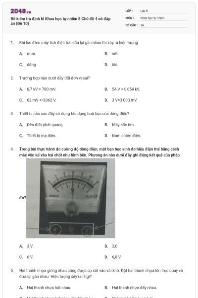 Đề kiểm tra định kì Khoa học tự nhiên 8 Chủ đề 4 có đáp án (Đề 10)