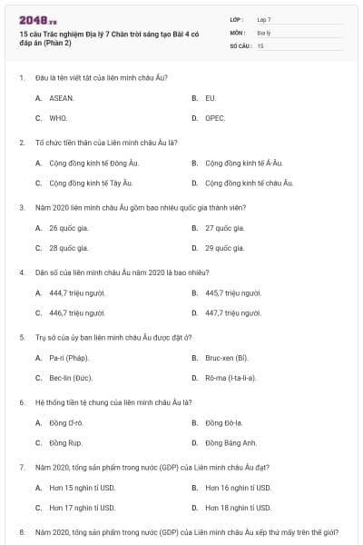 15 câu Trắc nghiệm Địa lý 7 Chân trời sáng tạo Bài 4 có đáp án (Phần 2)
