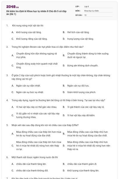 Đề kiểm tra định kì Khoa học tự nhiên 8 Chủ đề 5 có đáp án (Đề 1)