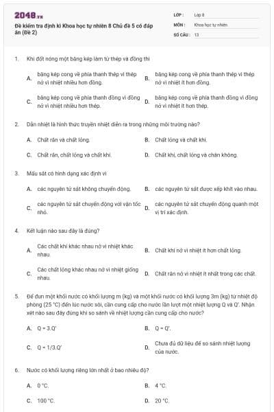 Đề kiểm tra định kì Khoa học tự nhiên 8 Chủ đề 5 có đáp án (Đề 2)
