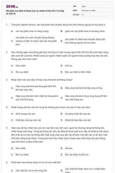 Đề kiểm tra định kì Khoa học tự nhiên 8 Chủ đề 5 có đáp án (Đề 4)