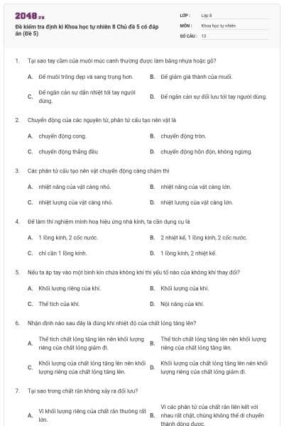 Đề kiểm tra định kì Khoa học tự nhiên 8 Chủ đề 5 có đáp án (Đề 5)