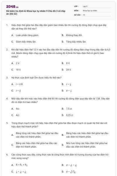 Đề kiểm tra định kì Khoa học tự nhiên 9 Chủ đề 3 có đáp án (Đề 22)