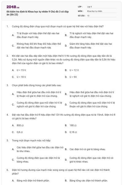 Đề kiểm tra định kì Khoa học tự nhiên 9 Chủ đề 3 có đáp án (Đề 23)
