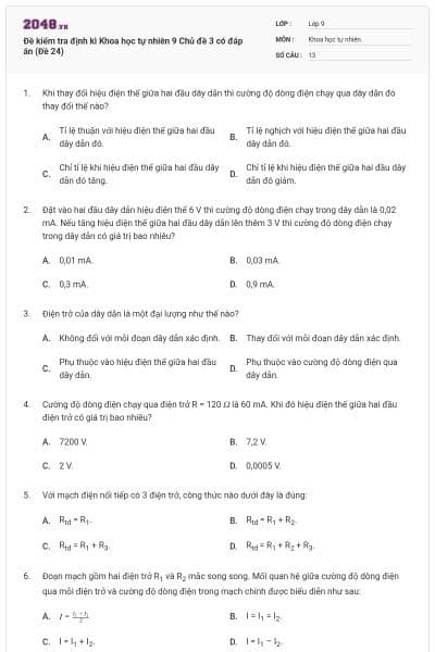 Đề kiểm tra định kì Khoa học tự nhiên 9 Chủ đề 3 có đáp án (Đề 24)