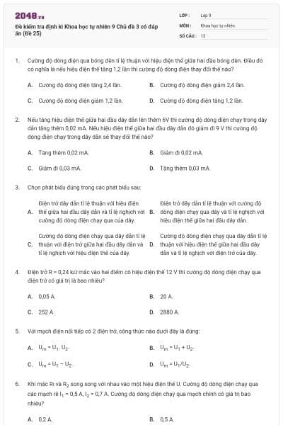 Đề kiểm tra định kì Khoa học tự nhiên 9 Chủ đề 3 có đáp án (Đề 25)