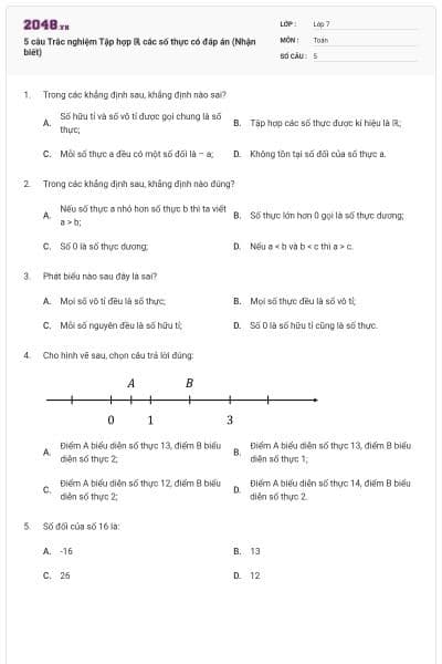 5 câu Trắc nghiệm Tập hợp ℝ các số thực có đáp án (Nhận biết)