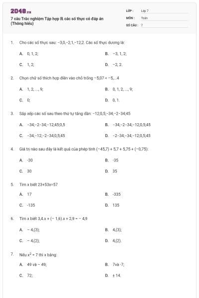 7 câu Trắc nghiệm Tập hợp ℝ các số thực có đáp án (Thông hiểu)