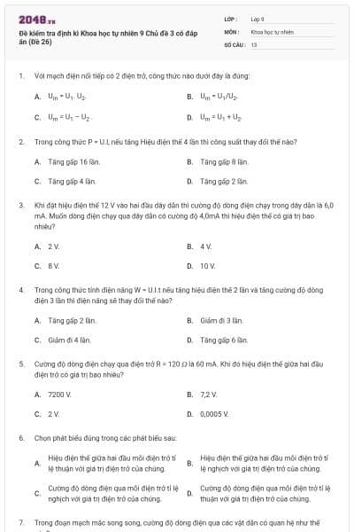 Đề kiểm tra định kì Khoa học tự nhiên 9 Chủ đề 3 có đáp án (Đề 26)