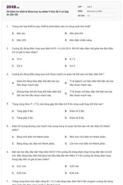 Đề kiểm tra định kì Khoa học tự nhiên 9 Chủ đề 3 có đáp án (Đề 28)