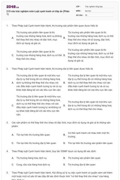 210 câu trắc nghiệm môn Luật cạnh tranh có đáp án (Phần 1)