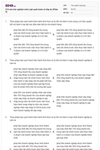 210 câu trắc nghiệm môn Luật cạnh tranh có đáp án (Phần 4)