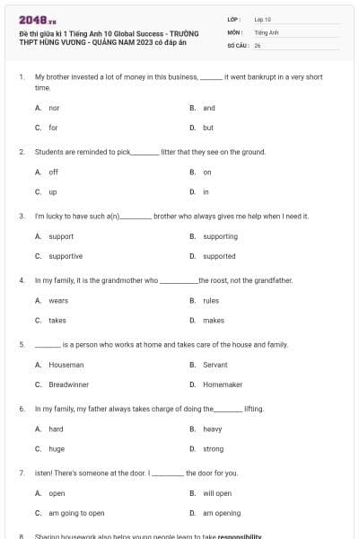 Đề thi giữa kì 1 Tiếng Anh 10 Global Success - TRƯỜNG THPT HÙNG VƯƠNG - QUẢNG NAM 2023 có đáp án