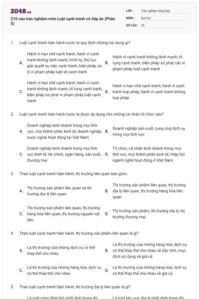 210 câu trắc nghiệm môn Luật cạnh tranh có đáp án (Phần 5)