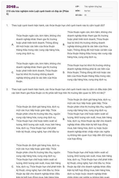 210 câu trắc nghiệm môn Luật cạnh tranh có đáp án (Phần 6)