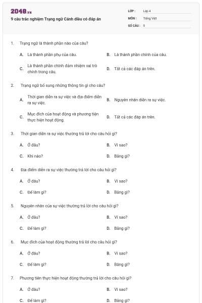 9 câu trắc nghiệm Trạng ngữ Cánh diều có đáp án