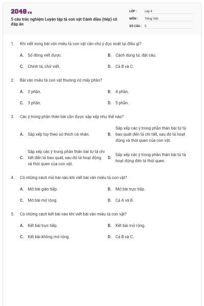 5 câu trắc nghiệm Luyện tập tả con vật Cánh diều (tiếp) có đáp án