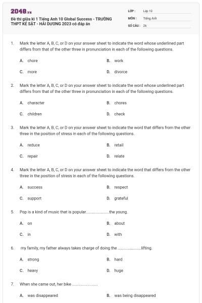 Đề thi giữa kì 1 Tiếng Anh 10 Global Success - TRƯỜNG THPT KẺ SẶT - HẢI DƯƠNG 2023 có đáp án