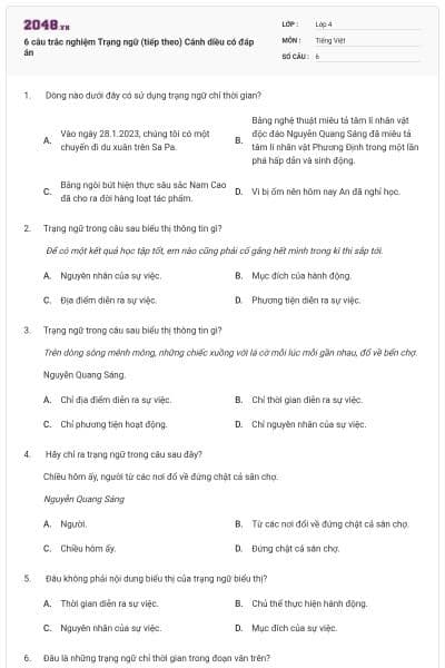 6 câu trắc nghiệm Trạng ngữ (tiếp theo) Cánh diều có đáp án