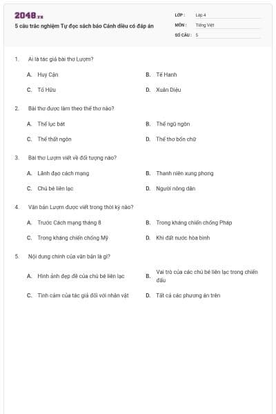 5 câu trắc nghiệm Tự đọc sách báo Cánh diều có đáp án