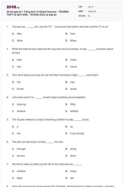 Đề thi giữa kì 1 Tiếng Anh 10 Global Success - TRƯỜNG THPT LÊ QUÝ ĐÔN - TP.HCM 2023 có đáp án