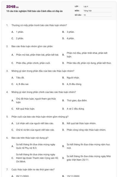 10 câu trắc nghiệm Viết báo cáo Cánh diều có đáp án